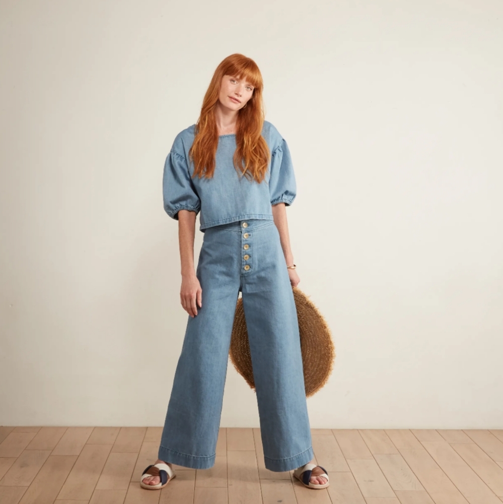 Anthropologie the Odells Denim Puff Sleeve Cropped Top - Picture 8 of 16